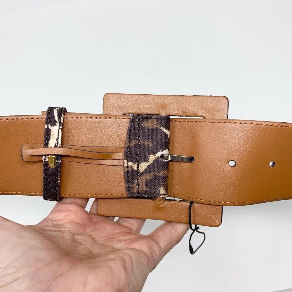 Veronica Beard Rickie Belt (Sz M) Wide Canvas Leather Leopard Print Brown Multi